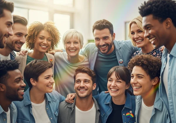 Diverse group of people in a supportive community setting.