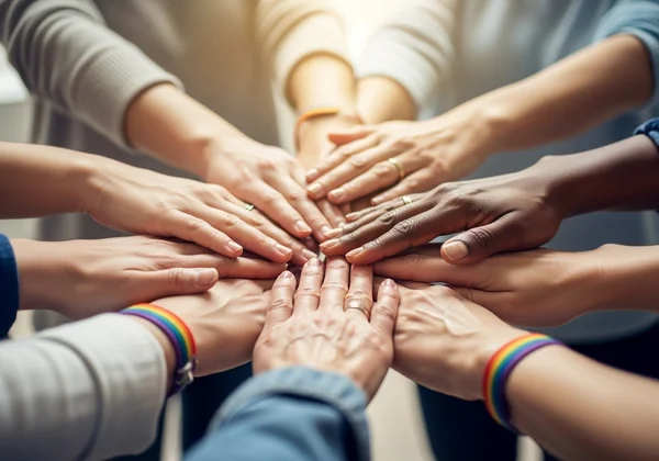 Diverse hands forming a circle, symbolizing LGBTQ+ support