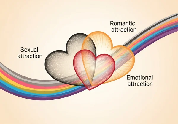 Three intertwined hearts representing types of attraction