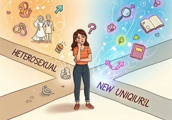 Woman questioning her identity, choosing her own path.