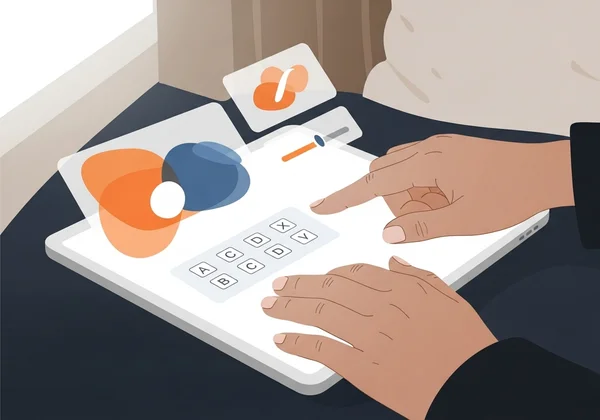 Woman exploring identity with an online self-discovery quiz.