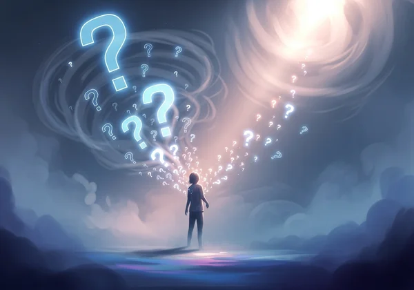 Person surrounded by question marks, exploring identity
