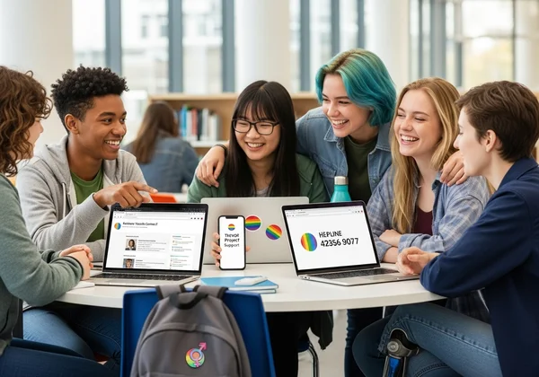 Diverse teens finding support through online resources.