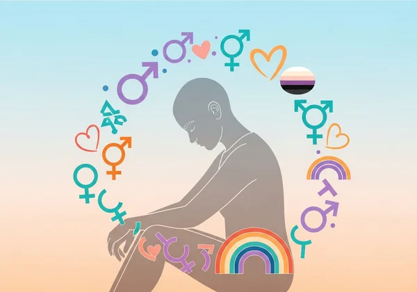 Person reflecting on feelings, diverse attraction symbols