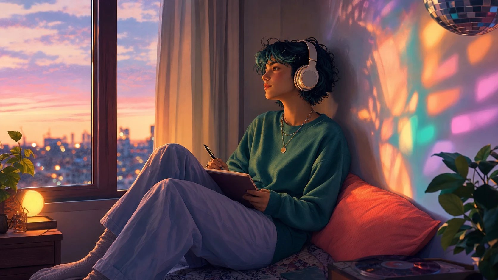Person reflecting with headphones
