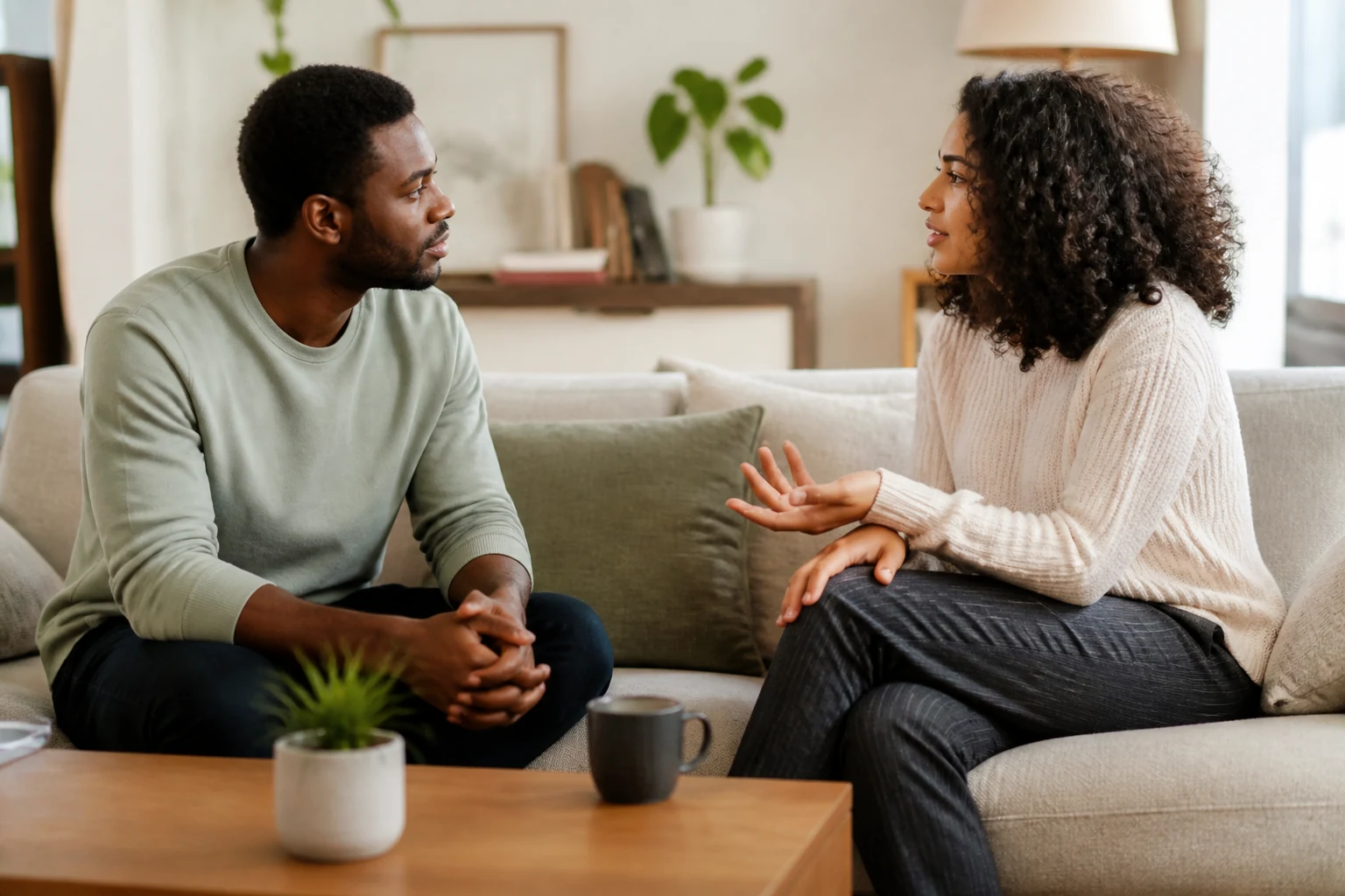 Two people in a calm conversation